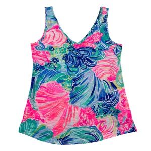 Lilly Pulitzer Tank Top Womens XXS Multi Color Floral Shell V-Neck Cotton Slub